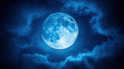 Blue moon shrouded by dark clouds at night