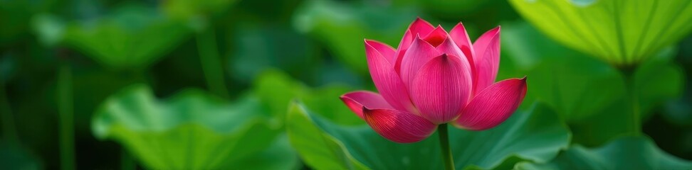 Fototapeta premium Red lotus blooming in a container among green plants, green foliage, solo bloom