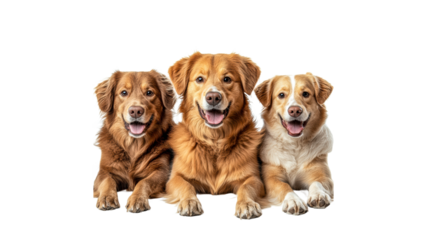 Three happy dogs resting on a white background