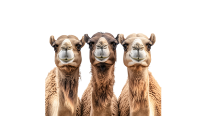 Three camels standing together in desert setting