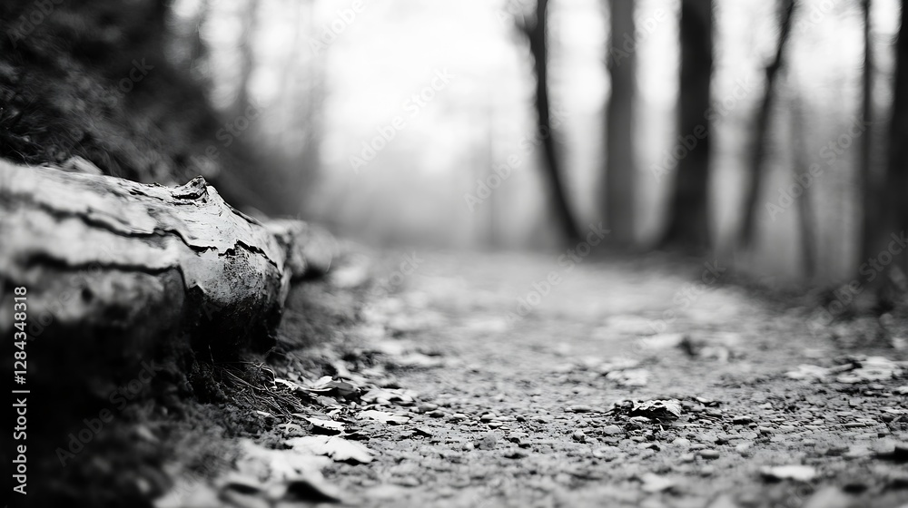 Poster Black and white tranquil forest path with fallen leaves and logs in a serene natural setting : Generative AI