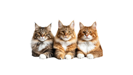 Three cats resting together on a white background