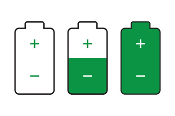 Set of vertical battery level indicators in percentage vector. Battery indicator symbols. 0-100 percent.