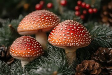 Obraz premium Vibrant mushrooms with distinctive caps nestled among pine needles and cones in a winter setting