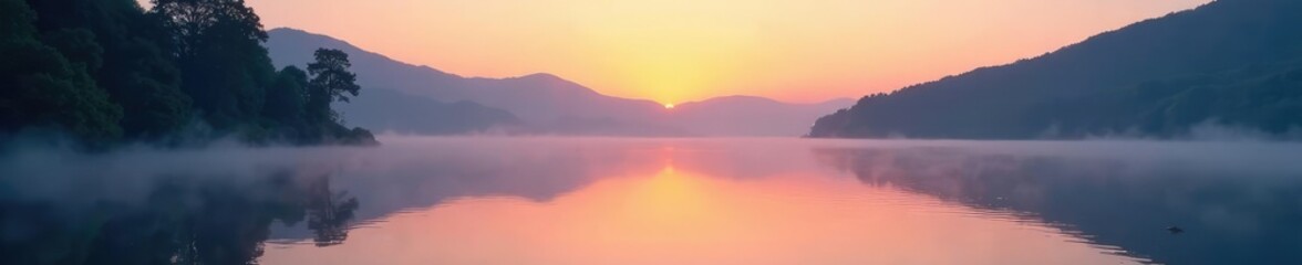 Naklejka premium Serene mist rises from a peaceful lake at dawn, lake, tranquility, dawn