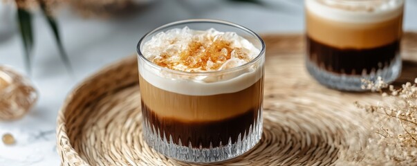 Refreshing iced coffee with cream in glasses on woven tray in sunlit setting