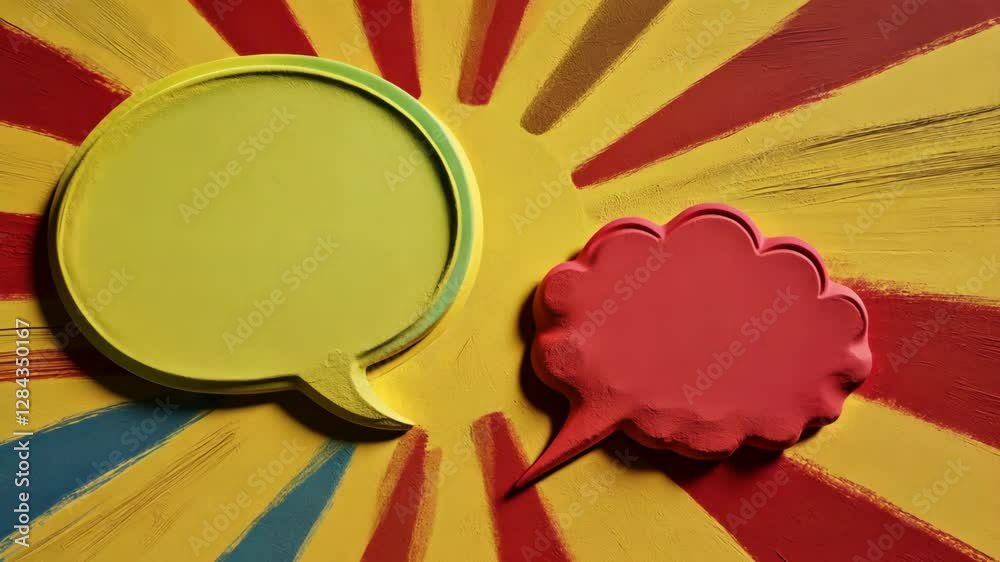 Poster a yellow and red speech bubble with a red cloud inside.