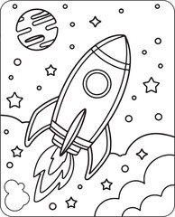 A cartoon rocket launching into space past a planet with many bright stars in the cosmos