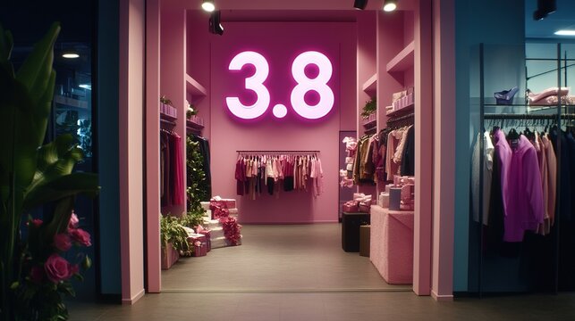 A Pink - Hued Store Interior with a Neon '3.8' Sign on the Wall, Displaying Various Clothes, Gifts, and Green Plants, Ideal for Women's Day - related Promotions.