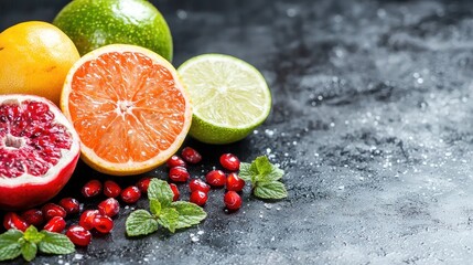 Citrus fruits, pomegranate, mint on dark background.  Food photography, recipe blog
