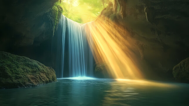 Mysterious cave waterfall with sunlight streaming in. Mystical Waterfall Cave. Illustration