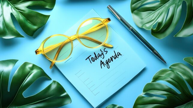 Bright yellow glasses, agenda notepad, pen, tropical leaves on a light blue surface