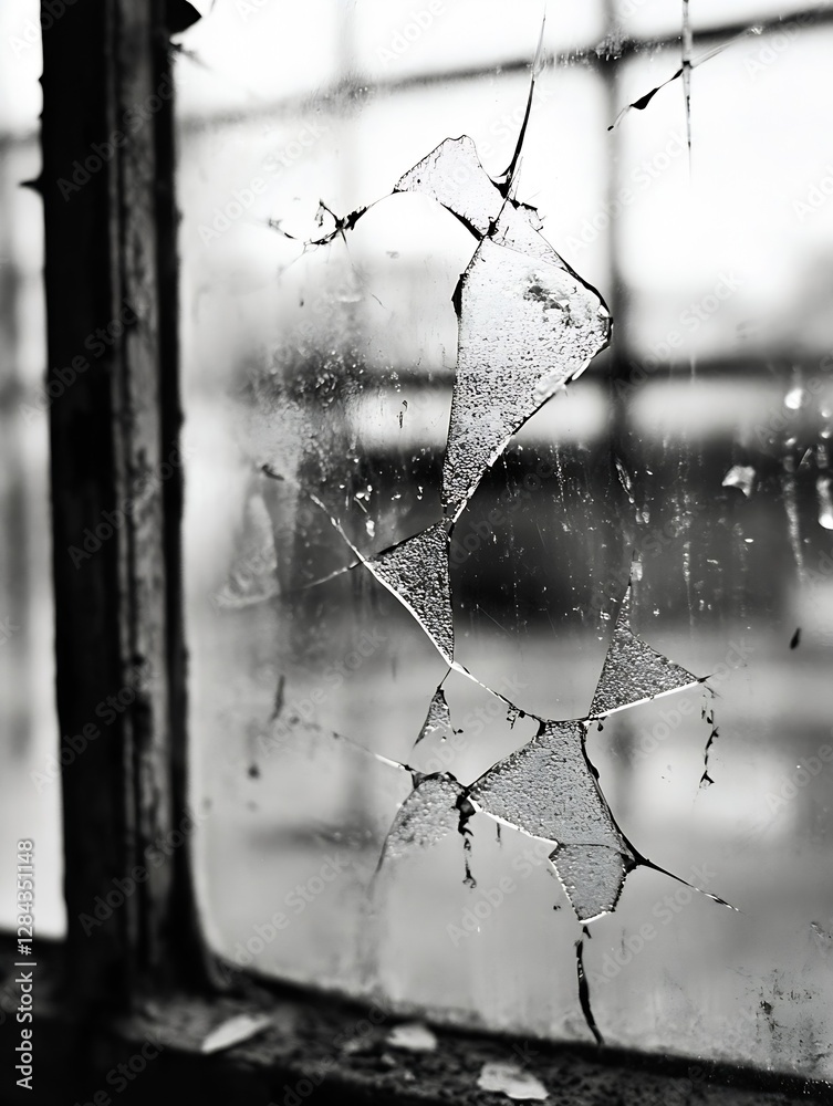 Poster A dramatic closeup of shattered glass window with intricate cracks forming an abstract pattern in monochrome tones : Generative AI