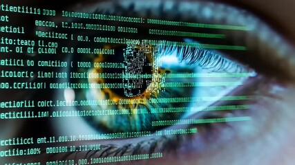 Close-up of a human eye reflecting digital code, symbolizing technology and data analysis - Powered by Adobe