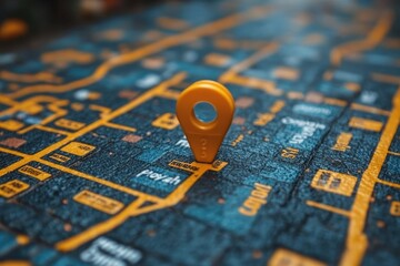 Naklejka premium Map displaying a bright orange location pin on a detailed street layout during daylight hours in an urban environment