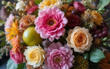 A bouquet of colorful flowers and fruits, including apples, oranges, and grapes