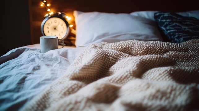 Exhausted individual struggling with sleep disruption in dark bedroom due to excess caffeine intake at early morning hours