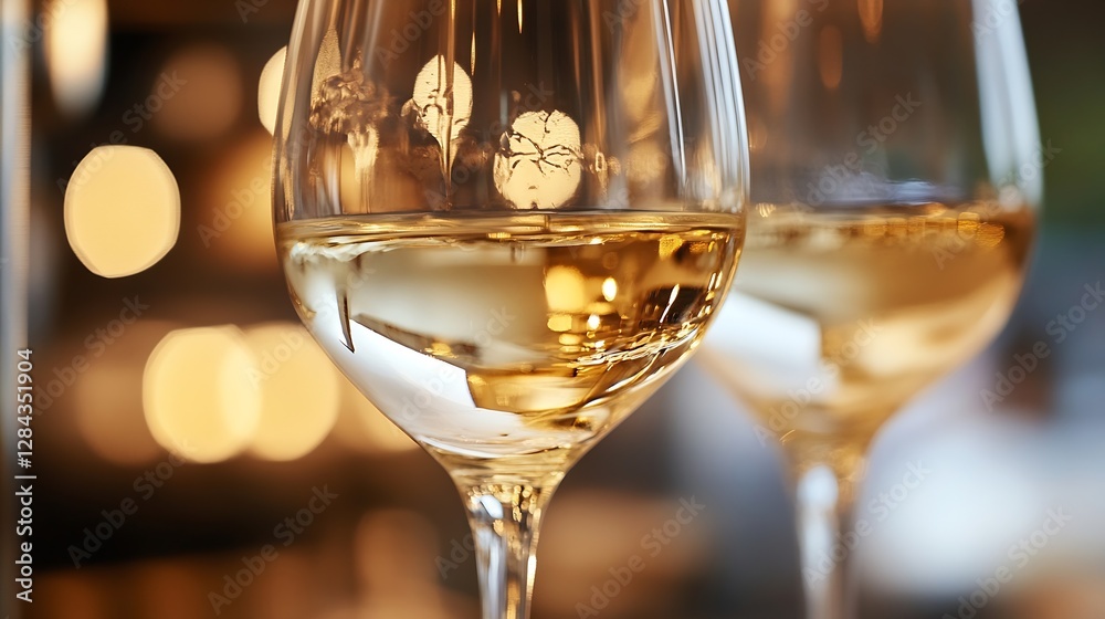 Poster Two elegant wine glasses filled with white wine illuminated by soft bokeh light in a cozy setting : Generative AI