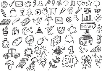 Hand drawn different doodles, vector elements on white background