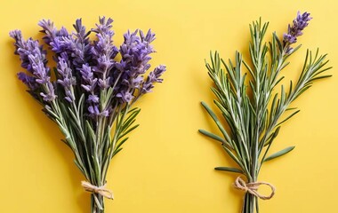 Fototapeta premium A flat lay of lavender flowers and sprigs of rosemary on a yellow background