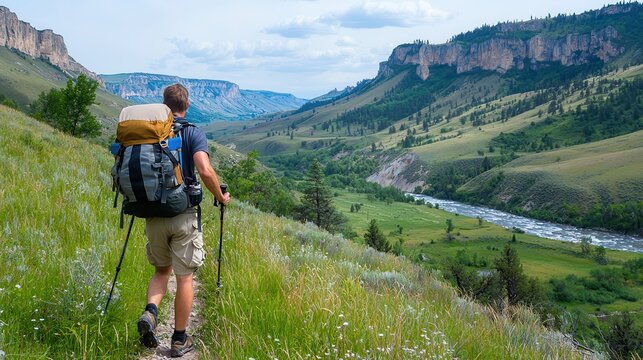Digital detox promotes relaxation and the power to unplug. Hiker exploring a scenic valley with mountains and a river.