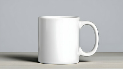 Fototapeta premium White mug on wooden table, neutral background, mockup