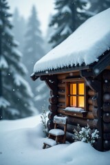 Naklejka premium Snowflakes gently falling on a wooden cottage roof, , snow, wood