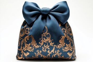 Elegant fabric pouch with decorative bow in rich navy blue and gold motif for stylish occasions