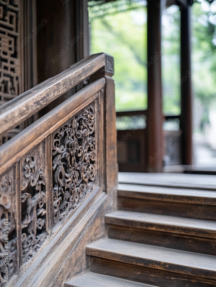 Poster beautifully carved wooden staircase with intricate details in traditional architecture : generative 
