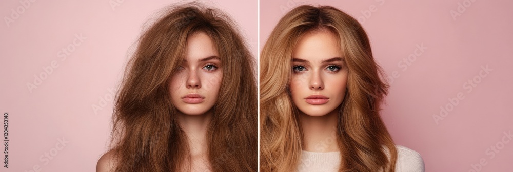 Aufkleber transformation of hair from unkempt to stylish in a beauty studio setting during a makeover session.