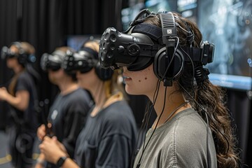 A group of young adults is experiencing virtual reality in a technology lab. Each person wears a VR headset, fully immersed in an interactive environment, showcasing innovation and collaboration