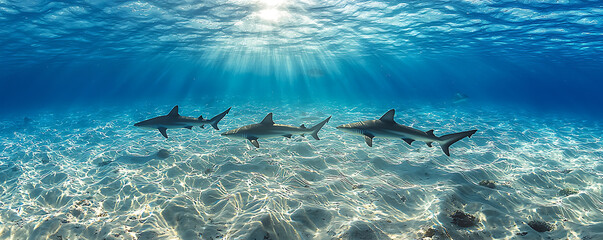 Fototapeta premium A stunning underwater scene showcasing multiple sharks gracefully gliding over a sunlit sandy ocean floor with clear turquoise water and beautiful light reflections.