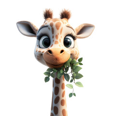 Fluffy 3D Cartoon Giraffe with Fuzzy Mane Eating Leaf Isolated on Transparent Background