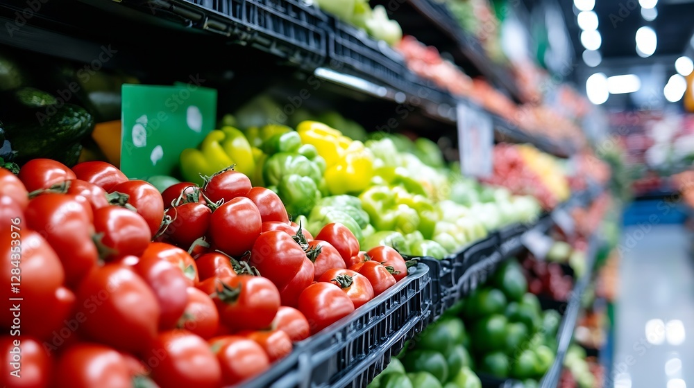 Poster fresh red tomatoes and green peppers vibrantly displayed in a grocery store aisle : generative ai