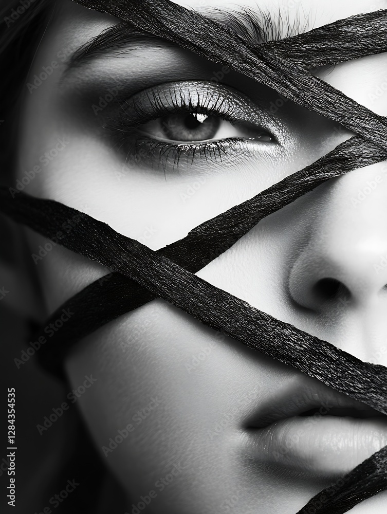 Poster intriguing closeup of a woman's face obscured by black ribbons for an artistic visual effect : gener
