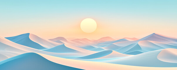 A serene minimalist desert landscape with rolling sand dunes and a soft pastel-hued sky featuring a glowing sun, creating a tranquil and dreamlike atmosphere.