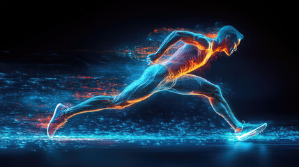 Abstract runner in motion, digital art, glowing effect, dark background