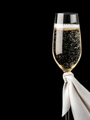 Celebratory champagne glass with elegant gold ribbon studio photography minimalist close-up luxury