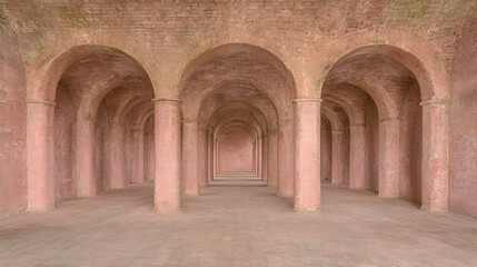 Pink arched hallway, ancient building interior, empty space, historical architecture, design