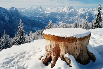 A snow-covered tree stump with a clearing around it in the snowy mountains.