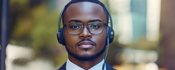 Young african male adult with glasses listening to music outdoors