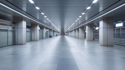 Modern urban subway station corridor with bright lighting and minimalistic design featuring smooth tiled flooring : Generative AI