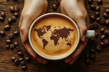 Coffee Around the World: A comforting cup featuring a world map design cradled in warm hands amidst scattered coffee beans A global coffee hug