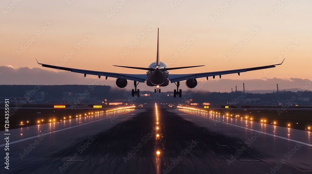 Poster impressive airplane landing on runway during sunset with beautiful lighting and clear skies : genera