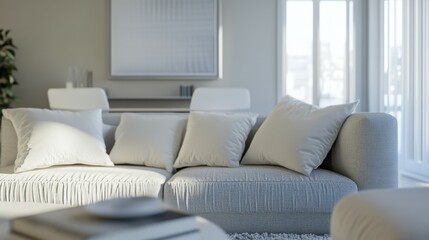 Modern living room with beige sofa and cushions in sunlit minimalist setting