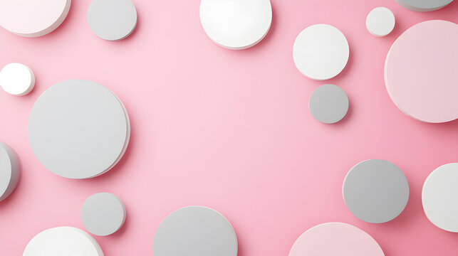 fondo rosa pastel iluminado con espacio de copia con circulos o lunares en tercera dimension en 3d con colores blanco y plateado artistico