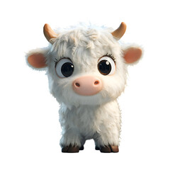 Fluffy 3D Cartoon Stuffed Cow with Big Eyes Isolated on Transparent Background