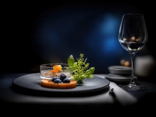 A beautifully arranged gourmet dish with fresh ingredients, garnished creatively, accompanied by a wine glass, set against a dark, atmospheric backdrop.