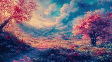 Gentle slope with blossoming trees, mist-shrouded valley under twilight sky.