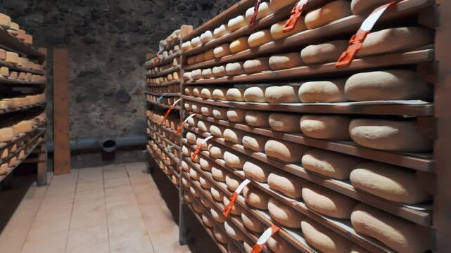 Aging cheese on wooden shelves in a maturing cellar in the Pyrenees Mountains